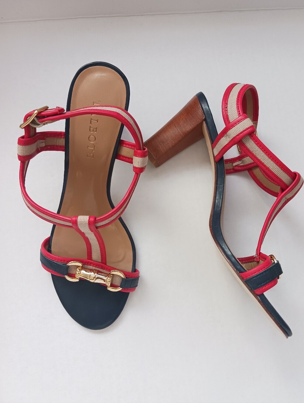 Talbots Charlot Women’s Heels Sandals Ankle Strap Blue / Red Size 8B Very Good